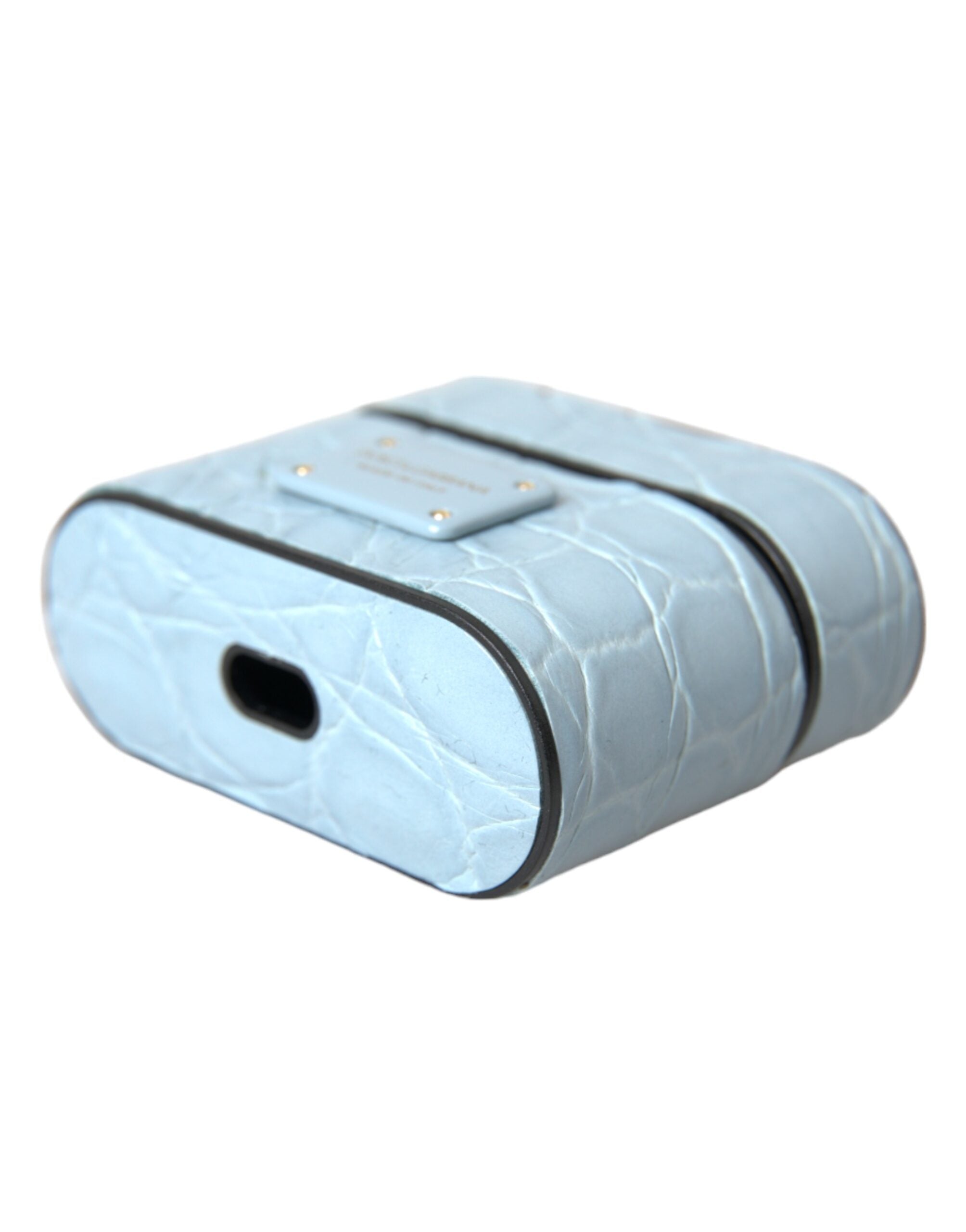 Custodia per Airpods Dolce & Gabbana Light Blue in Pelle con Placca Logo in Metallo