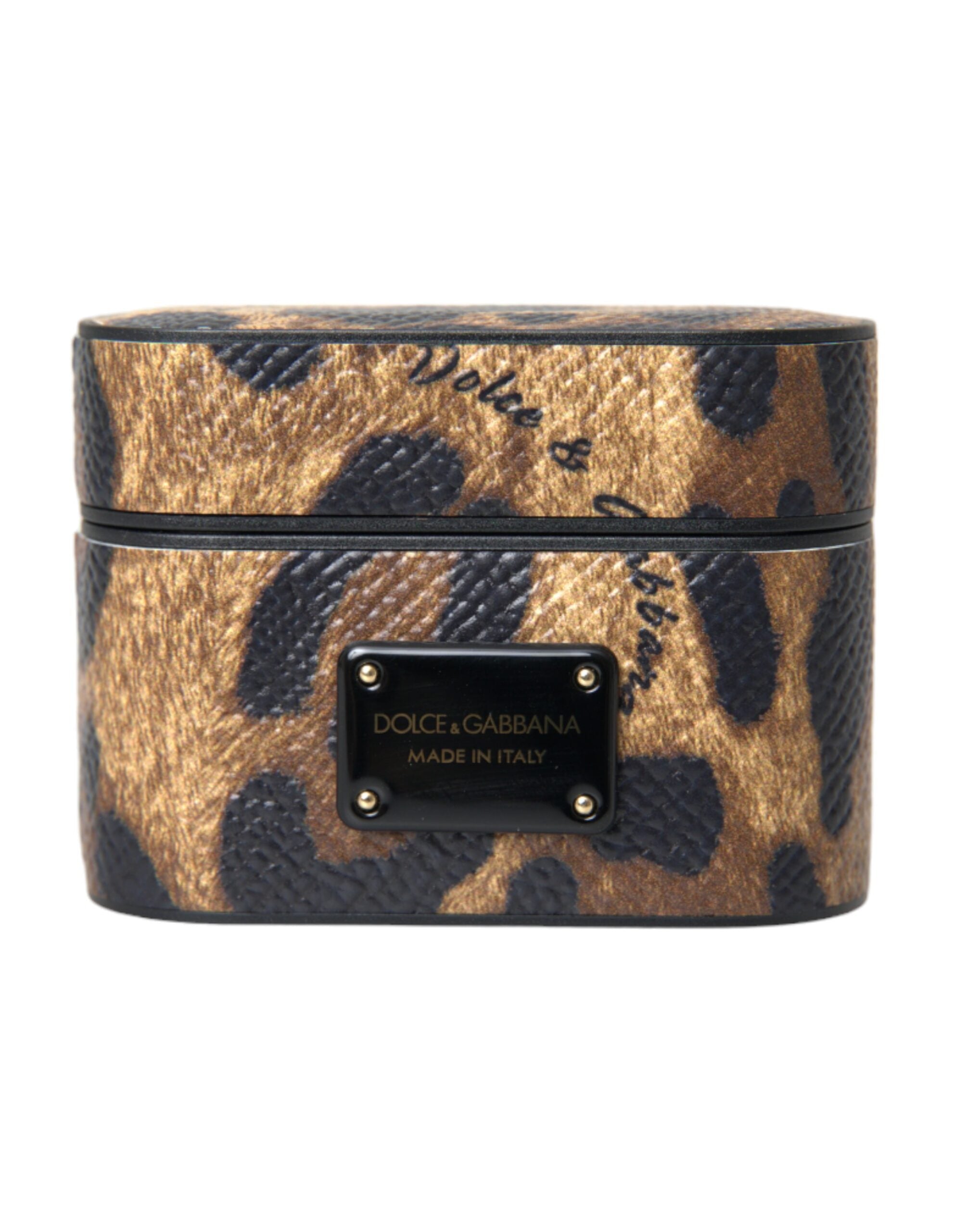 Dolce & Gabbana Custodia Airpods in Pelle di Vitello Marrone Leopardata con Targhetta Logo in Metallo