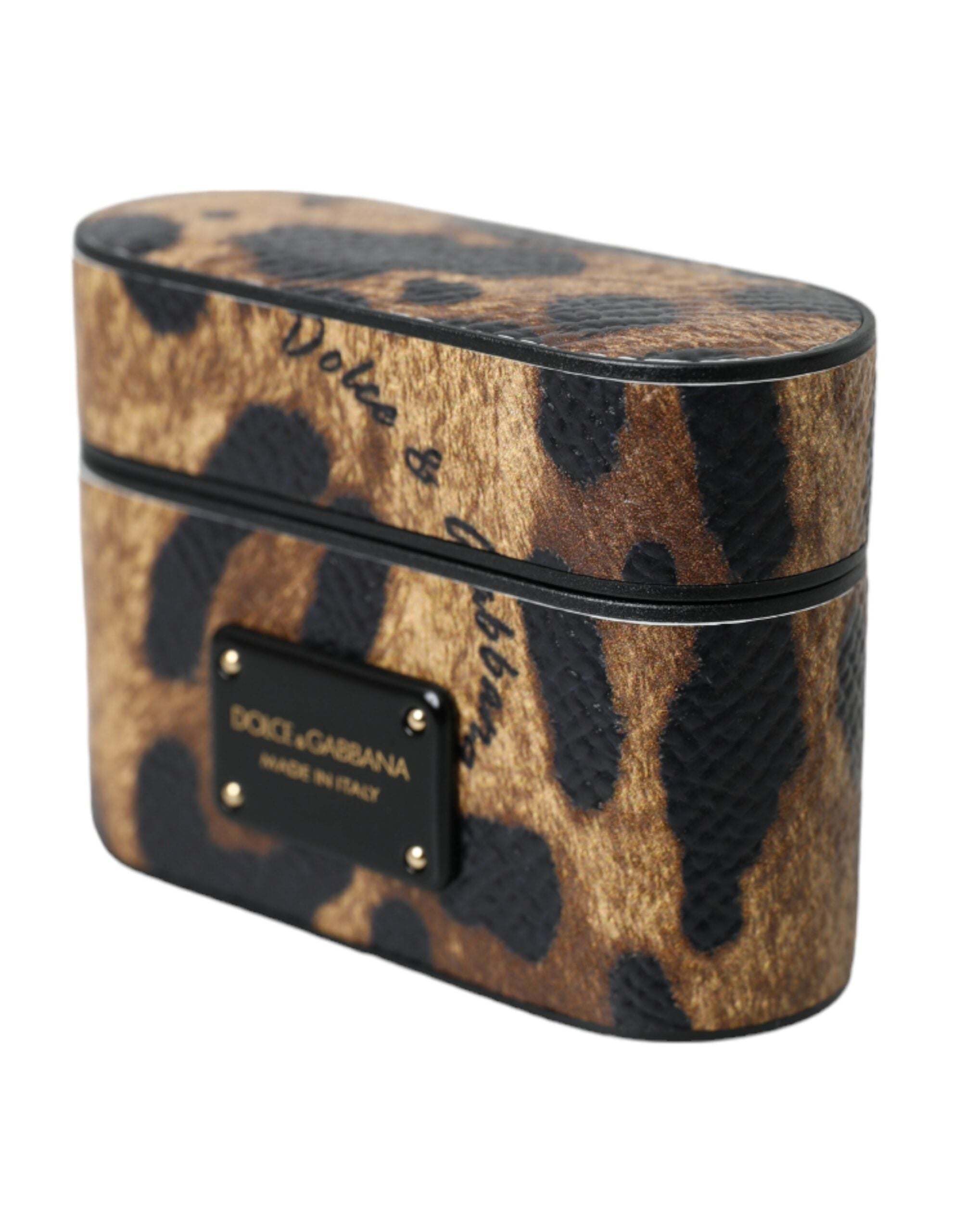 Dolce & Gabbana Custodia Airpods in Pelle di Vitello Marrone Leopardata con Targhetta Logo in Metallo