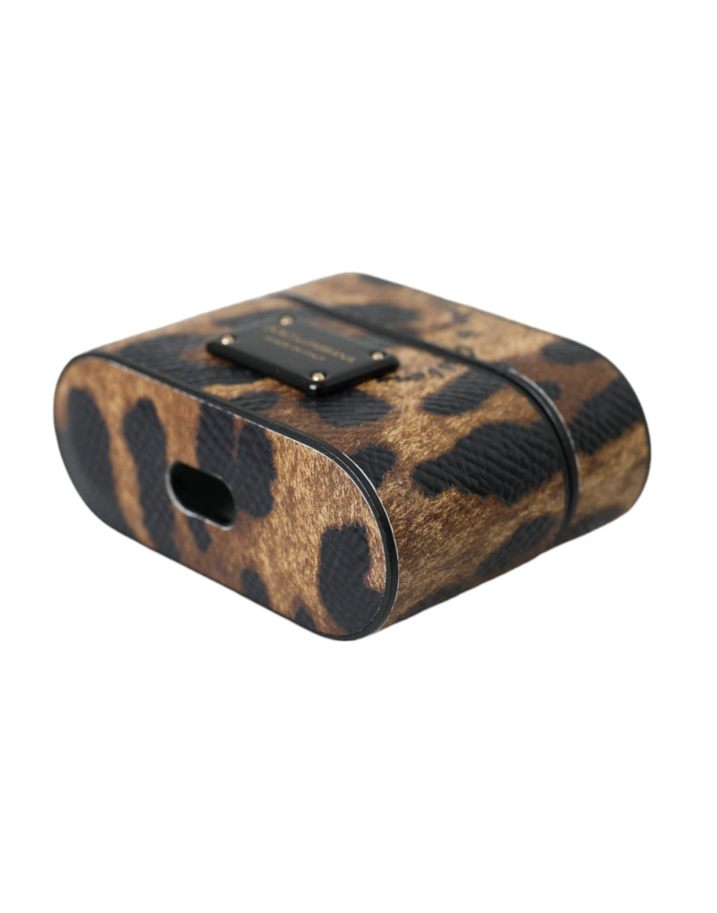 Dolce & Gabbana Custodia Airpods in Pelle di Vitello Marrone Leopardata con Targhetta Logo in Metallo