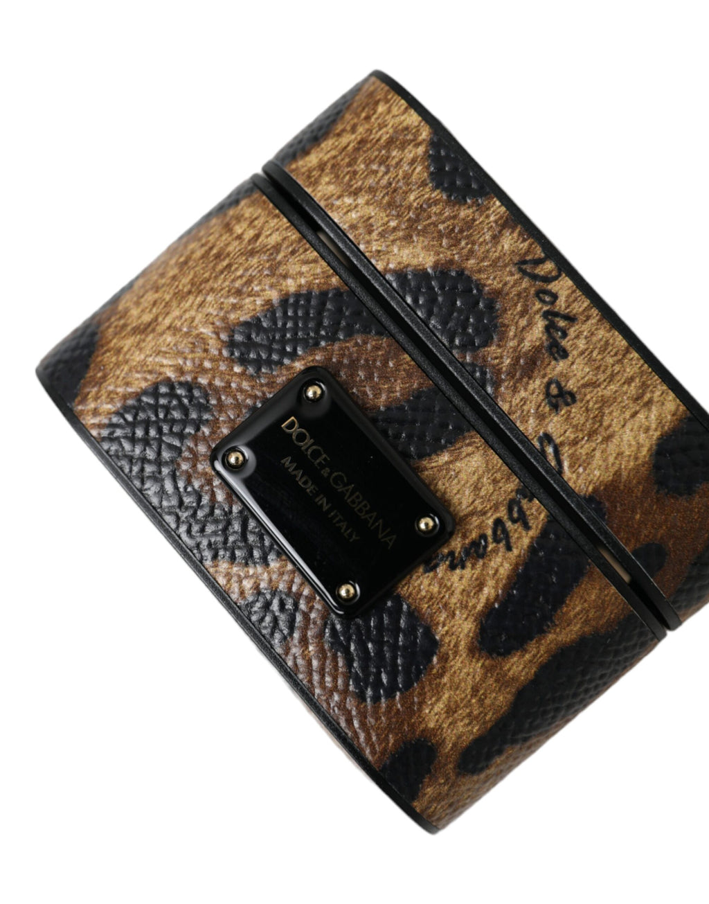 Dolce & Gabbana Custodia Airpods in Pelle di Vitello Marrone Leopardata con Targhetta Logo in Metallo