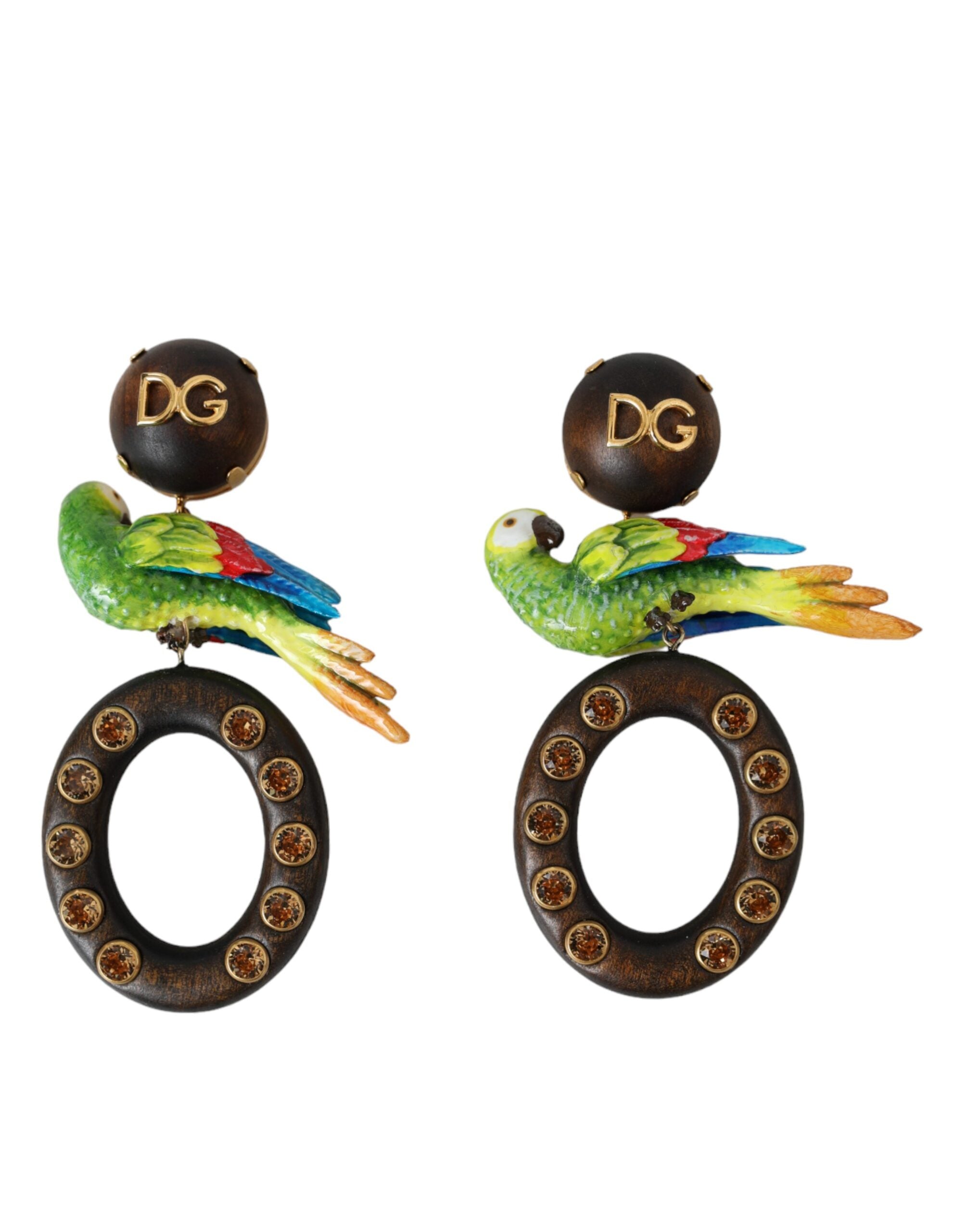 Orecchini Dolce & Gabbana multicolore con pappagallo in legno, ottone e cristalli