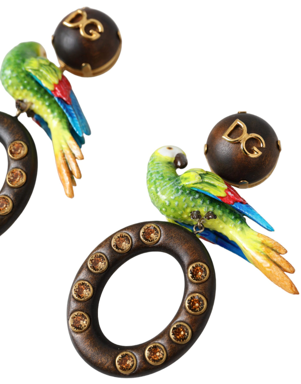 Orecchini Dolce & Gabbana multicolore con pappagallo in legno, ottone e cristalli