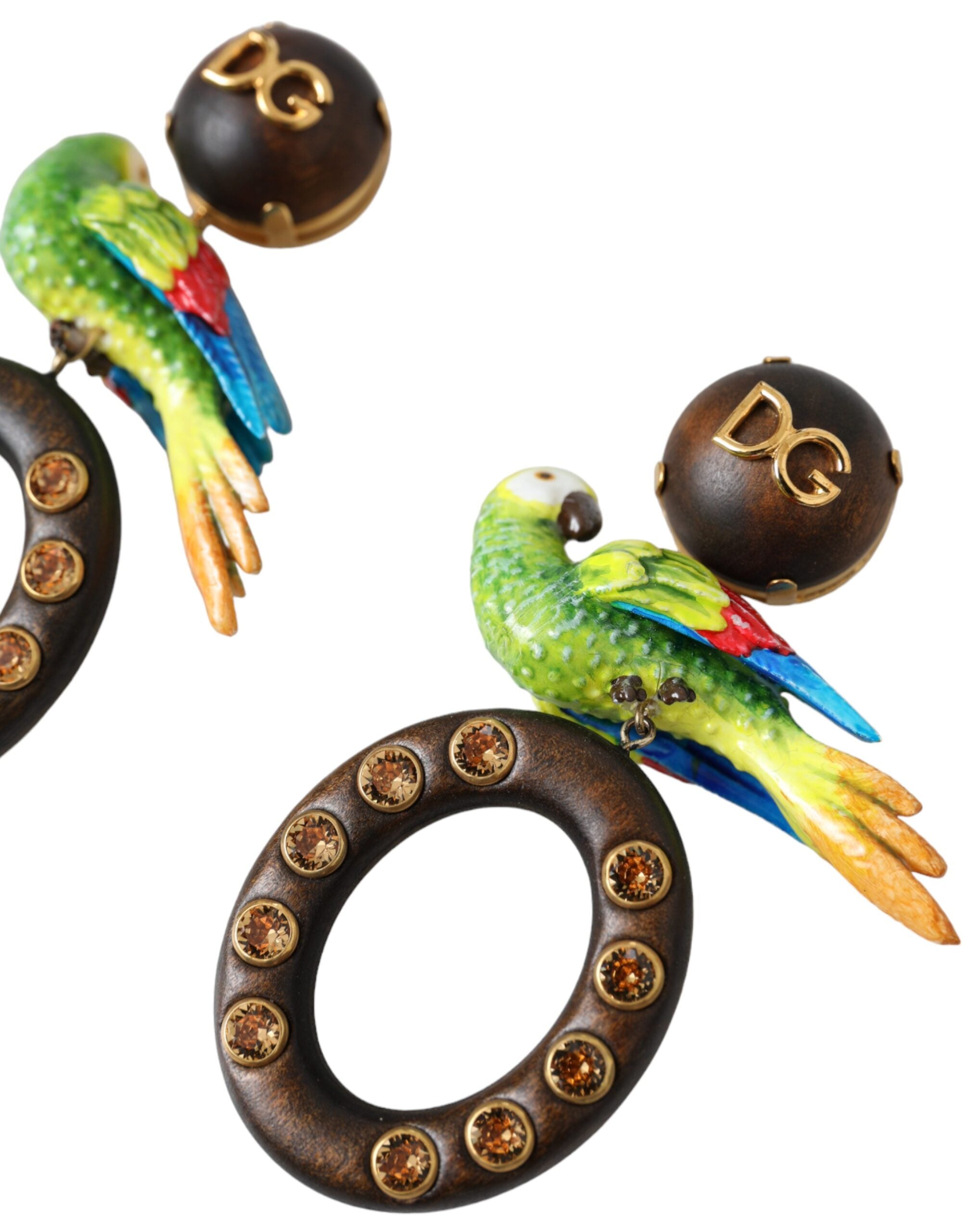 Orecchini Dolce & Gabbana multicolore con pappagallo in legno, ottone e cristalli
