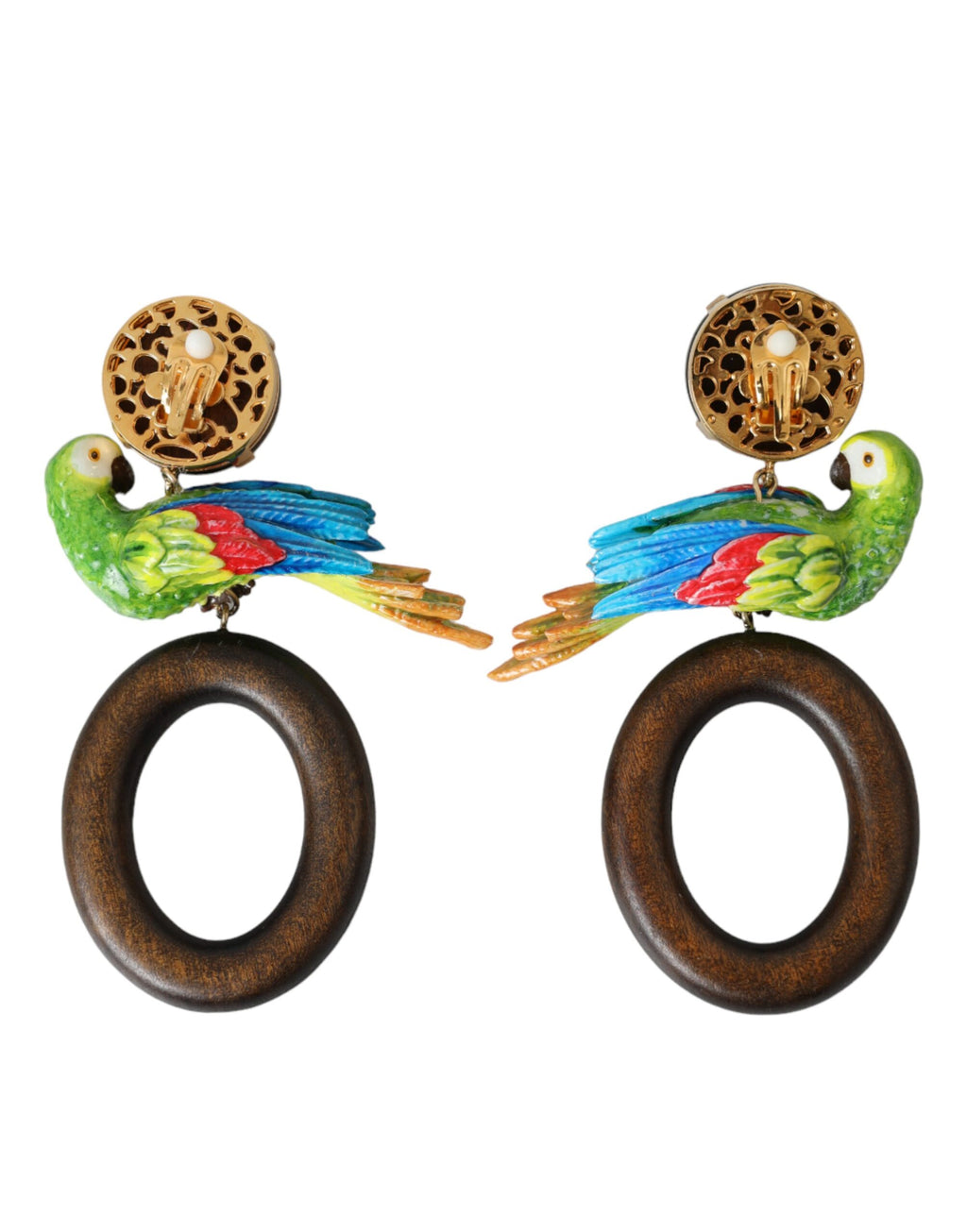 Orecchini Dolce & Gabbana multicolore con pappagallo in legno, ottone e cristalli