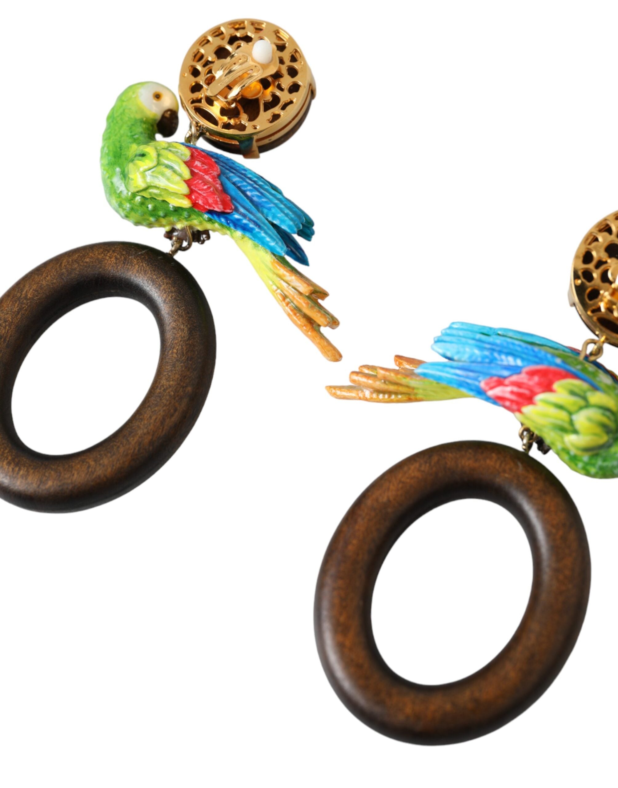 Orecchini Dolce & Gabbana multicolore con pappagallo in legno, ottone e cristalli