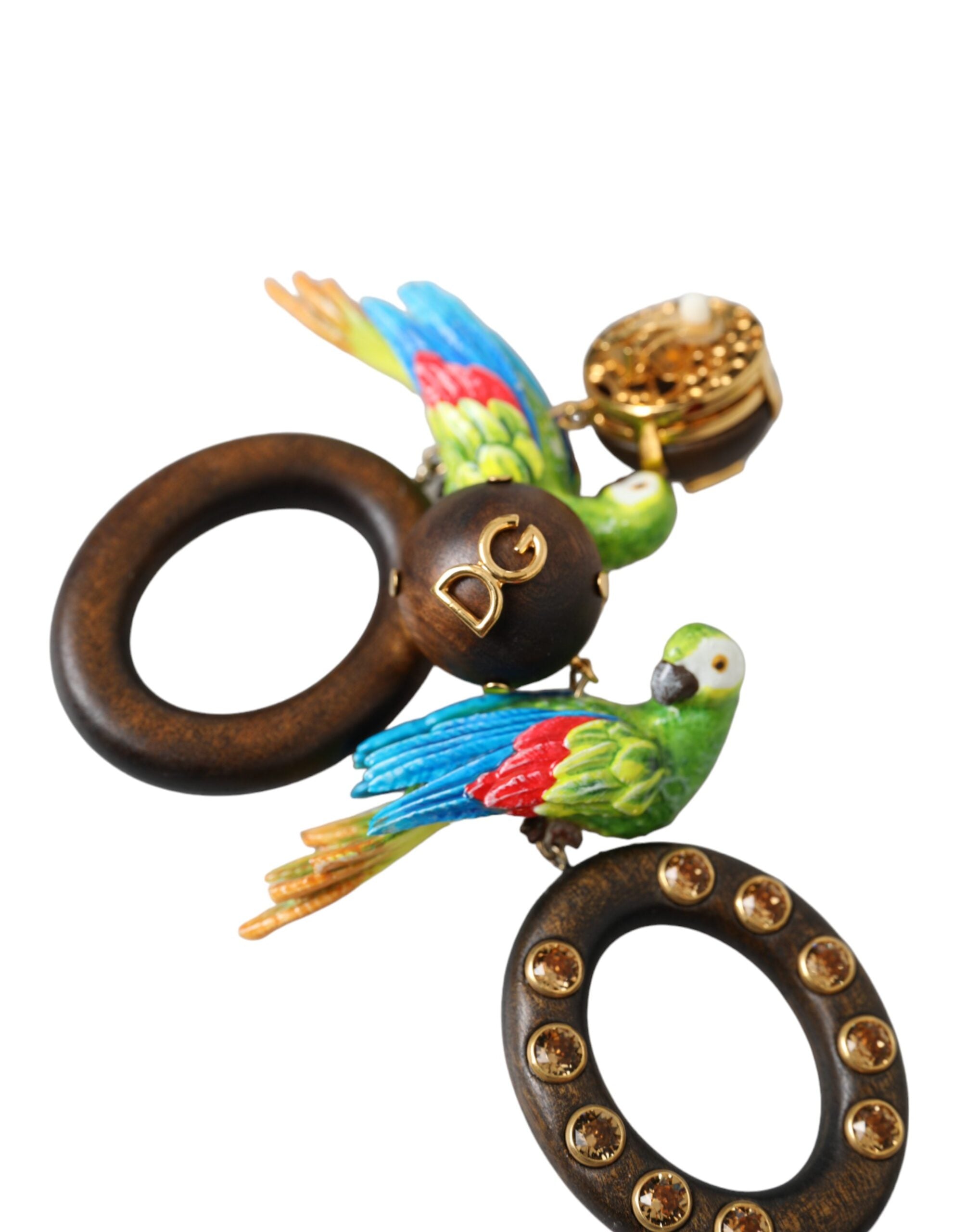 Orecchini Dolce & Gabbana multicolore con pappagallo in legno, ottone e cristalli
