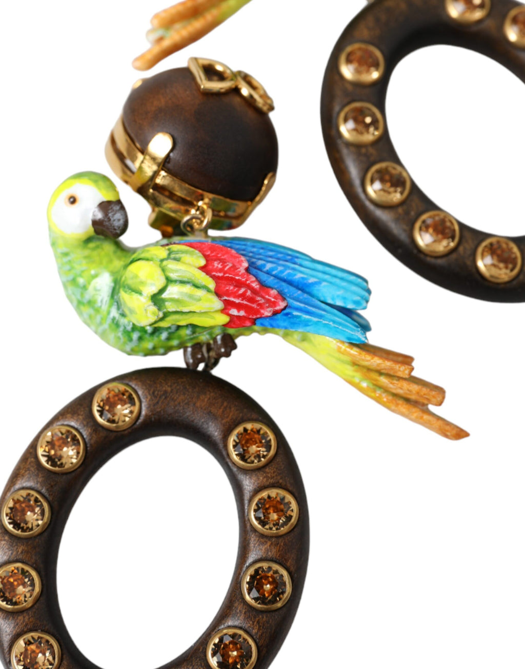 Orecchini Dolce & Gabbana multicolore con pappagallo in legno, ottone e cristalli