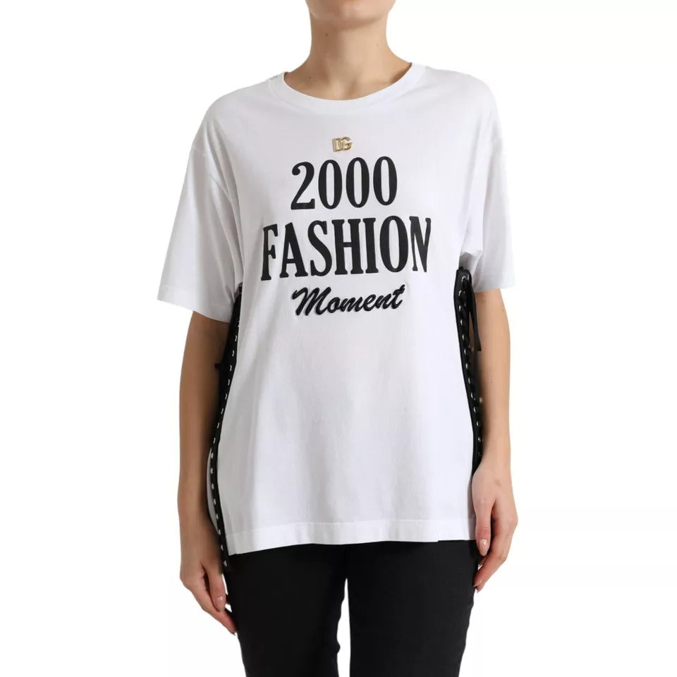 T-shirt Dolce & Gabbana bianca con stampa slogan e dettagli allacciati