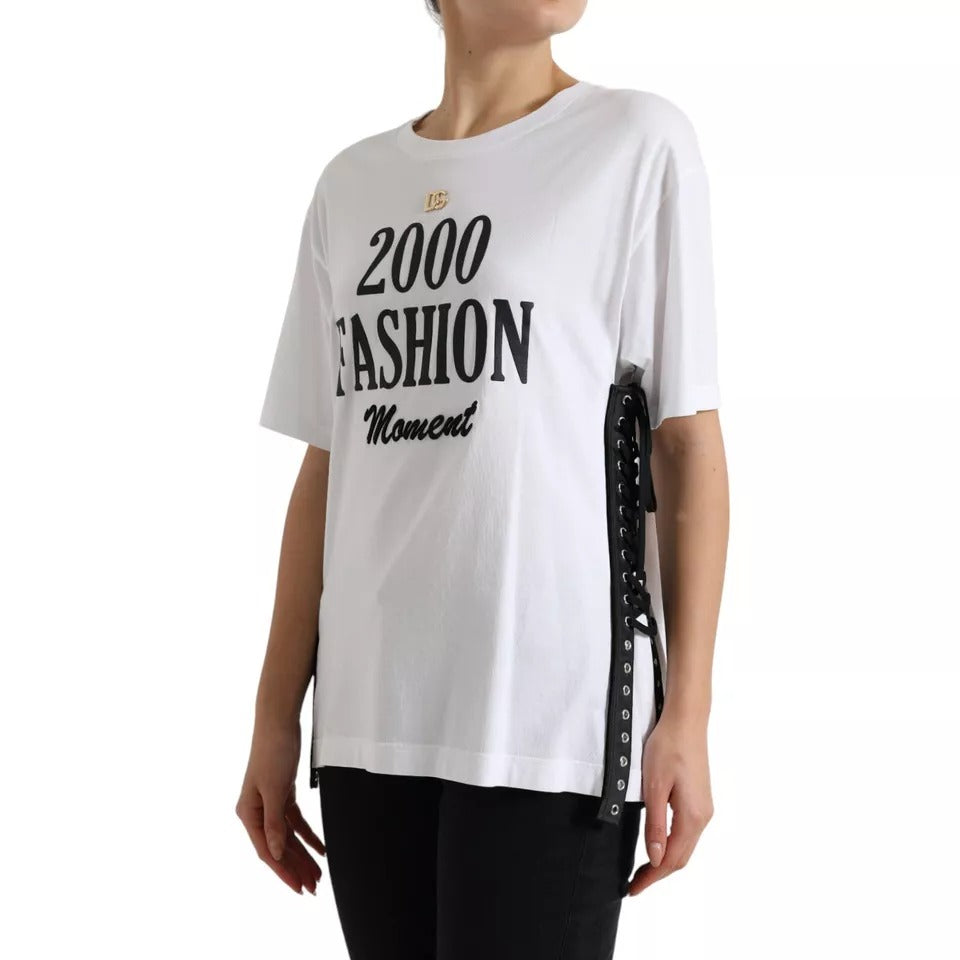 T-shirt Dolce & Gabbana bianca con stampa slogan e dettagli allacciati