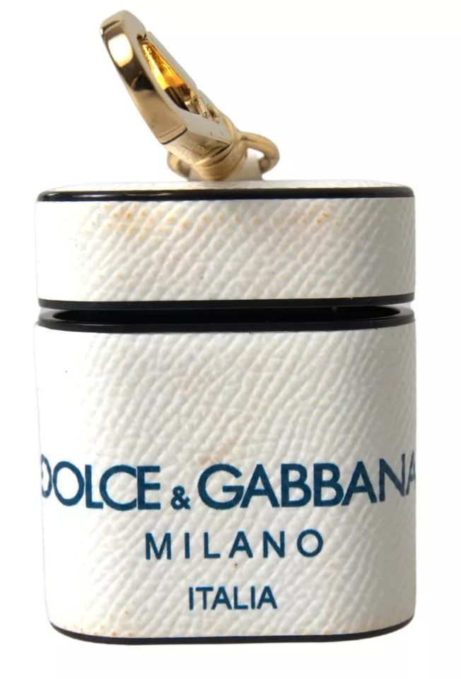 Dolce & Gabbana Custodia AirPods in Pelle di Vitello Bianca Blu con Stampa Logo