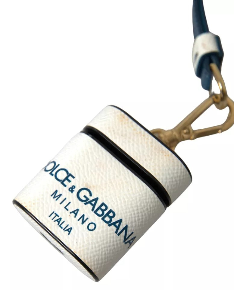 Dolce & Gabbana Custodia AirPods in Pelle di Vitello Bianca Blu con Stampa Logo
