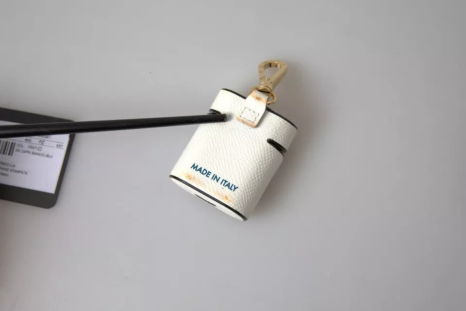 Dolce & Gabbana Custodia AirPods in Pelle di Vitello Bianca Blu con Stampa Logo