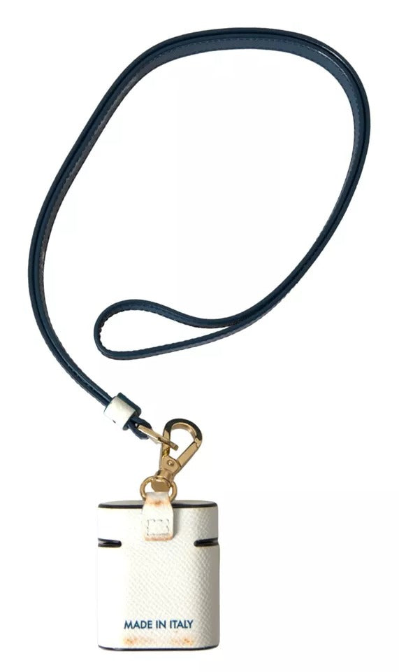 Dolce & Gabbana Custodia AirPods in Pelle di Vitello Bianca Blu con Stampa Logo