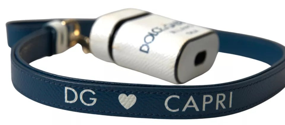 Dolce & Gabbana Custodia AirPods in Pelle di Vitello Bianca Blu con Stampa Logo
