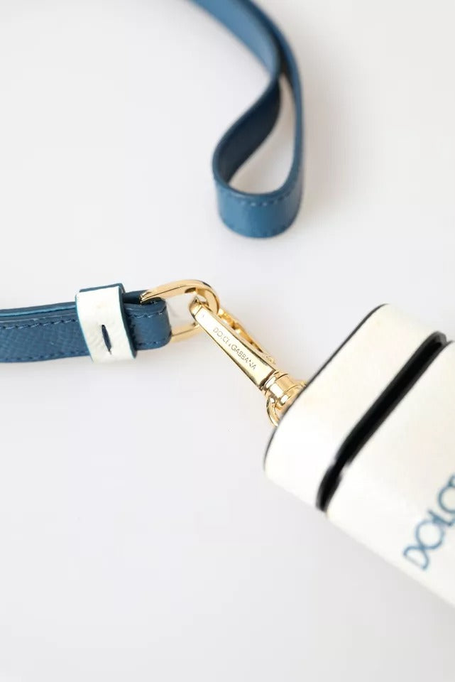 Dolce & Gabbana Custodia AirPods in Pelle di Vitello Bianca Blu con Stampa Logo