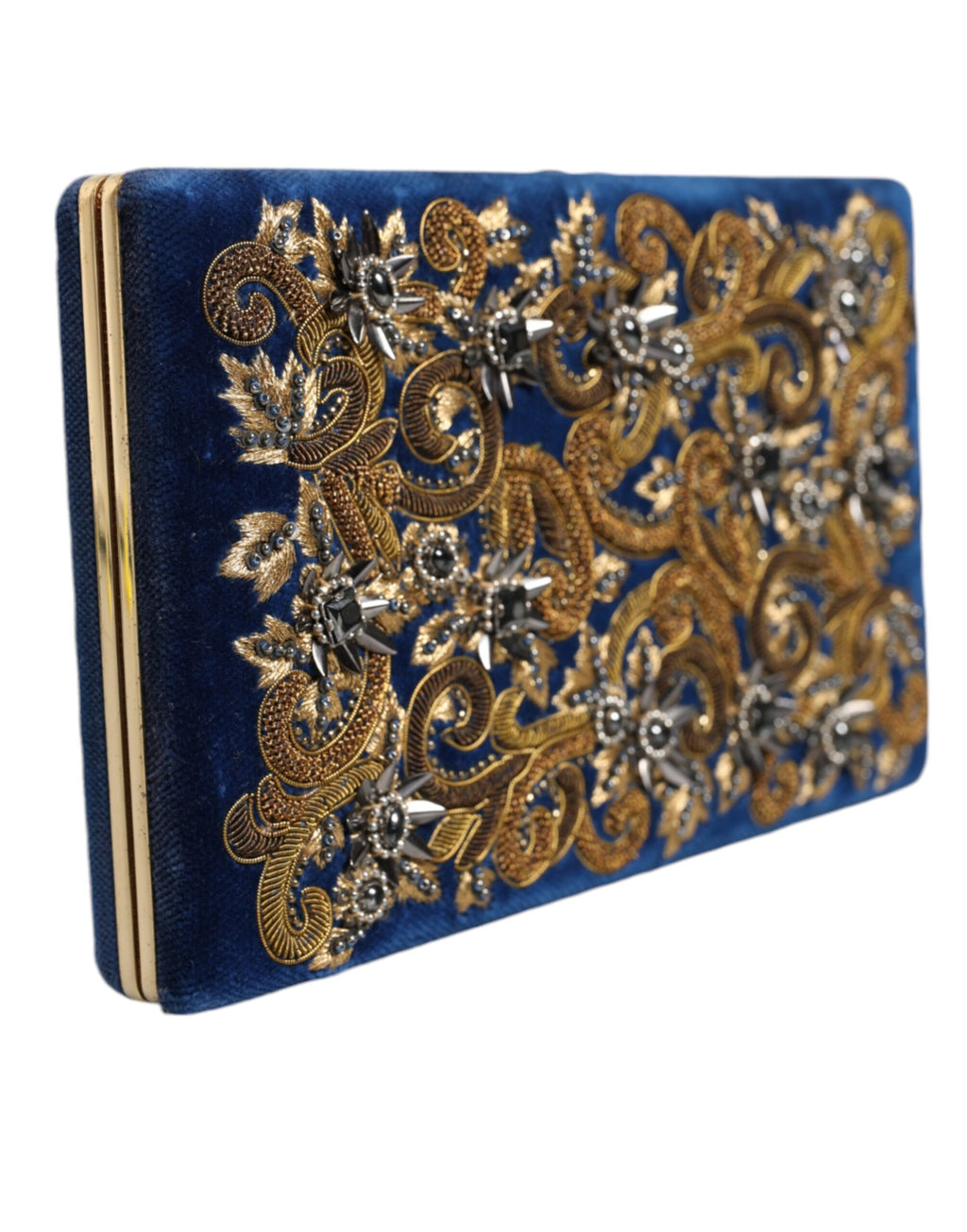 Dolce & Gabbana Borsa da sera a pochette in velluto blu con cornice dorata