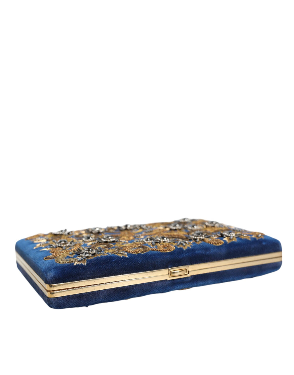 Dolce & Gabbana Borsa da sera a pochette in velluto blu con cornice dorata