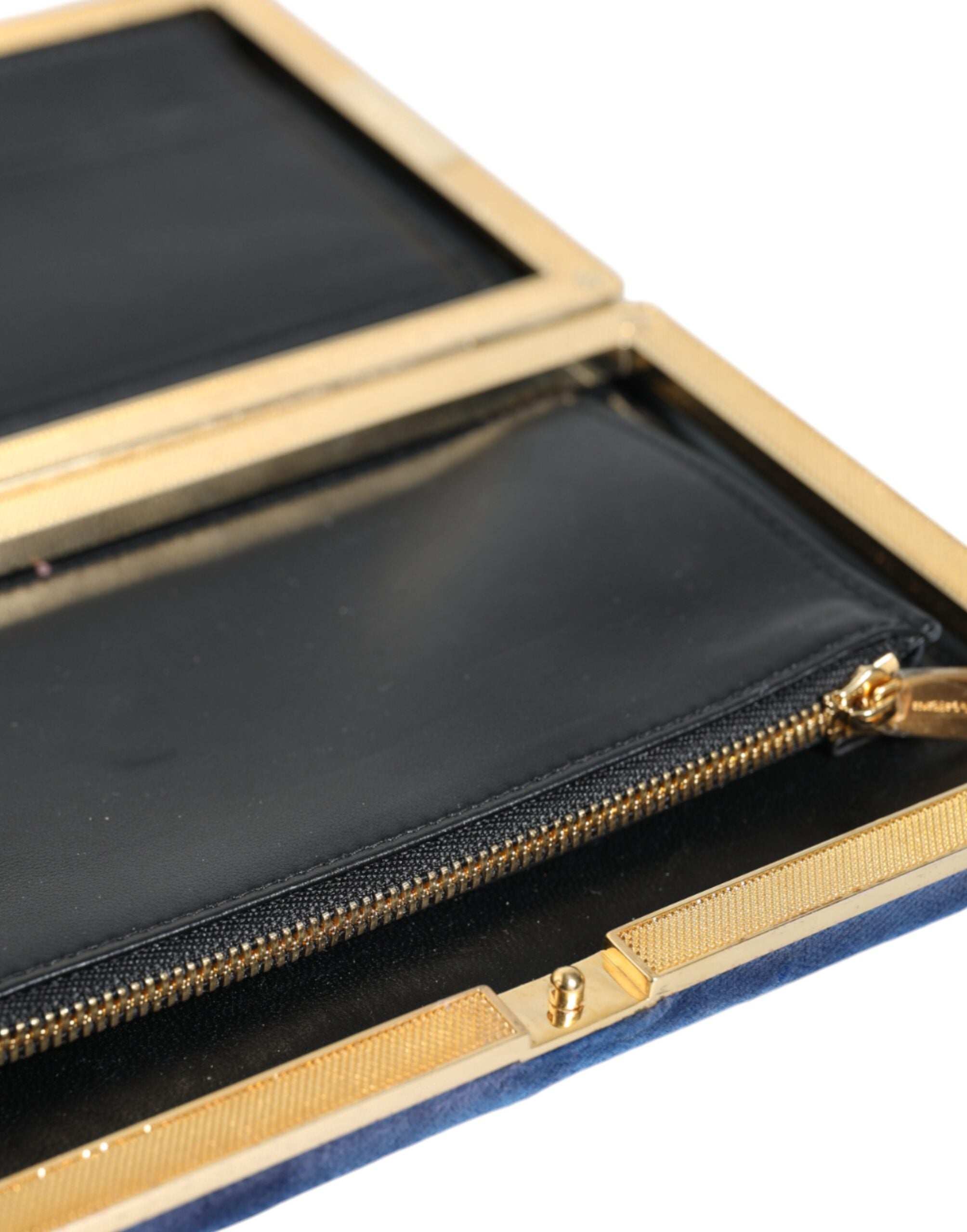 Dolce & Gabbana Borsa da sera a pochette in velluto blu con cornice dorata