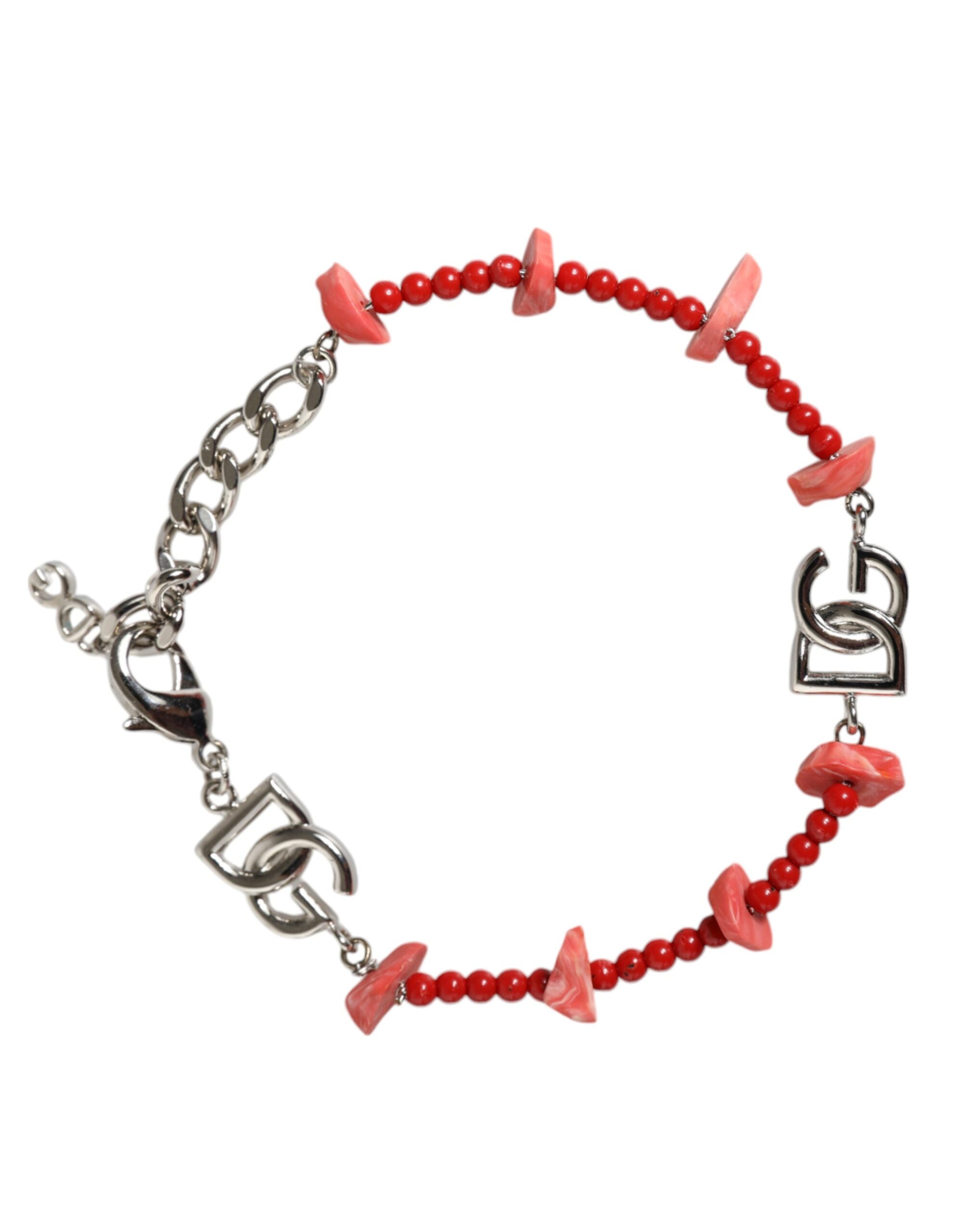 Bracciale a catena Dolce & Gabbana in ottone color argento con perline e logo DG in resina