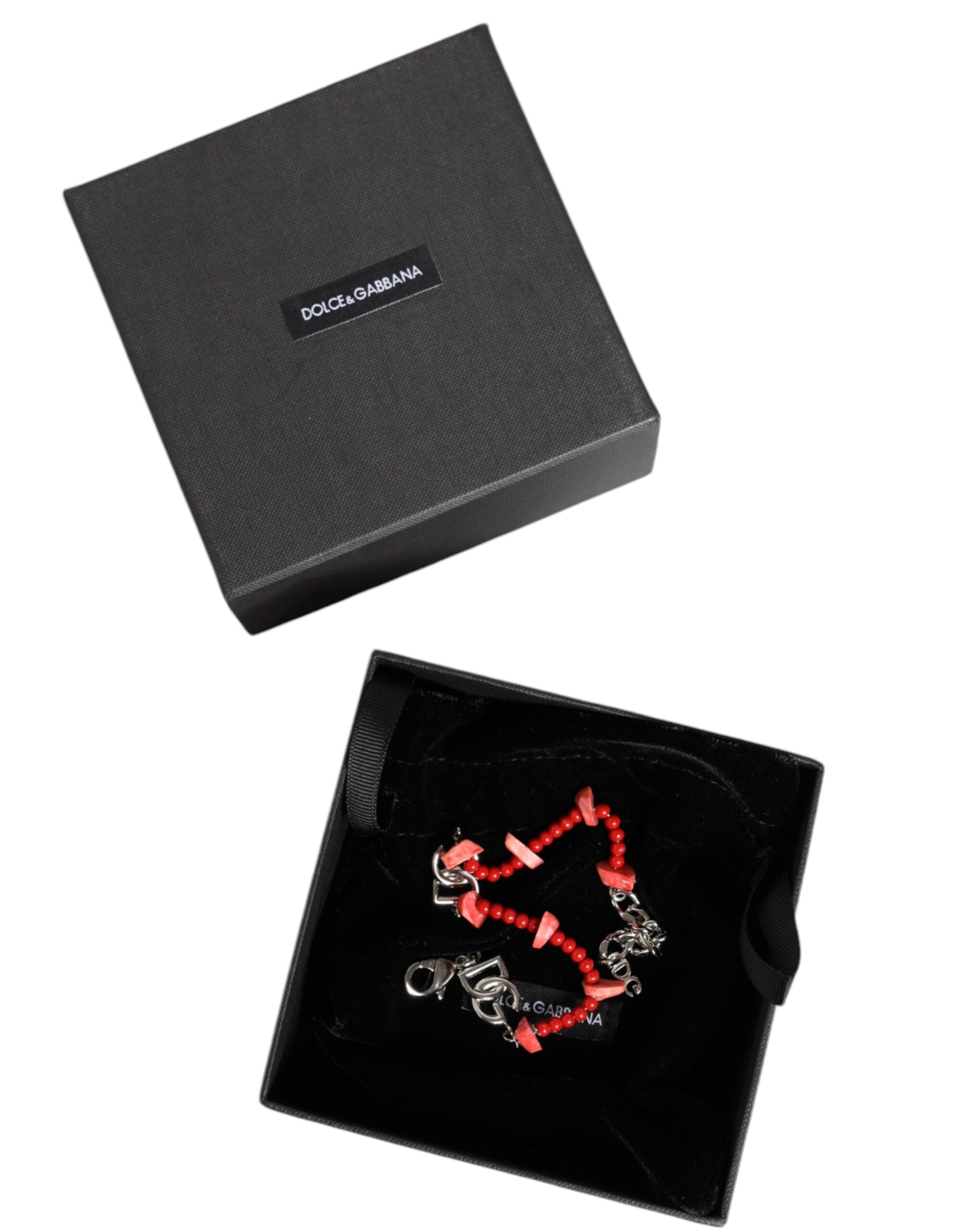 Bracciale a catena Dolce & Gabbana in ottone color argento con perline e logo DG in resina