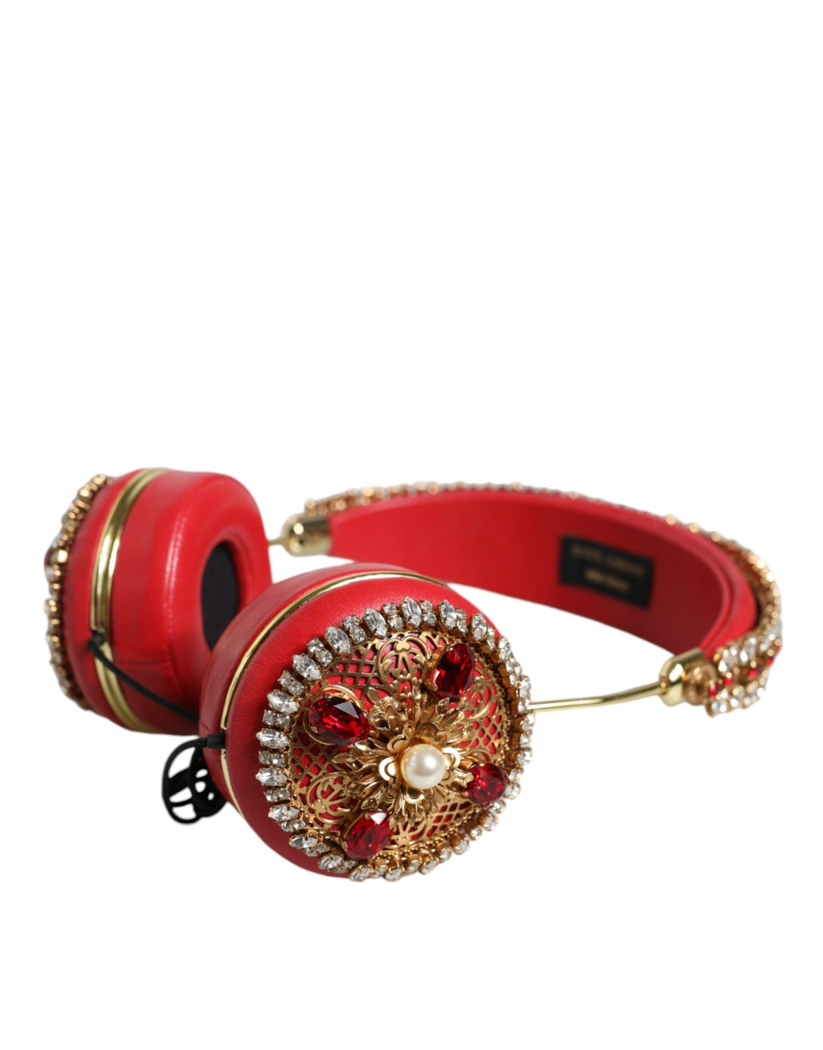 Cuffie Dolce & Gabbana in nappa rossa con cristalli e dettagli floreali