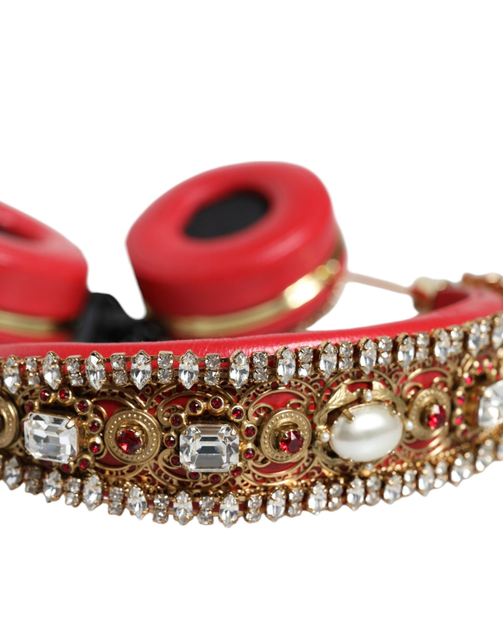Cuffie Dolce & Gabbana in nappa rossa con cristalli e dettagli floreali
