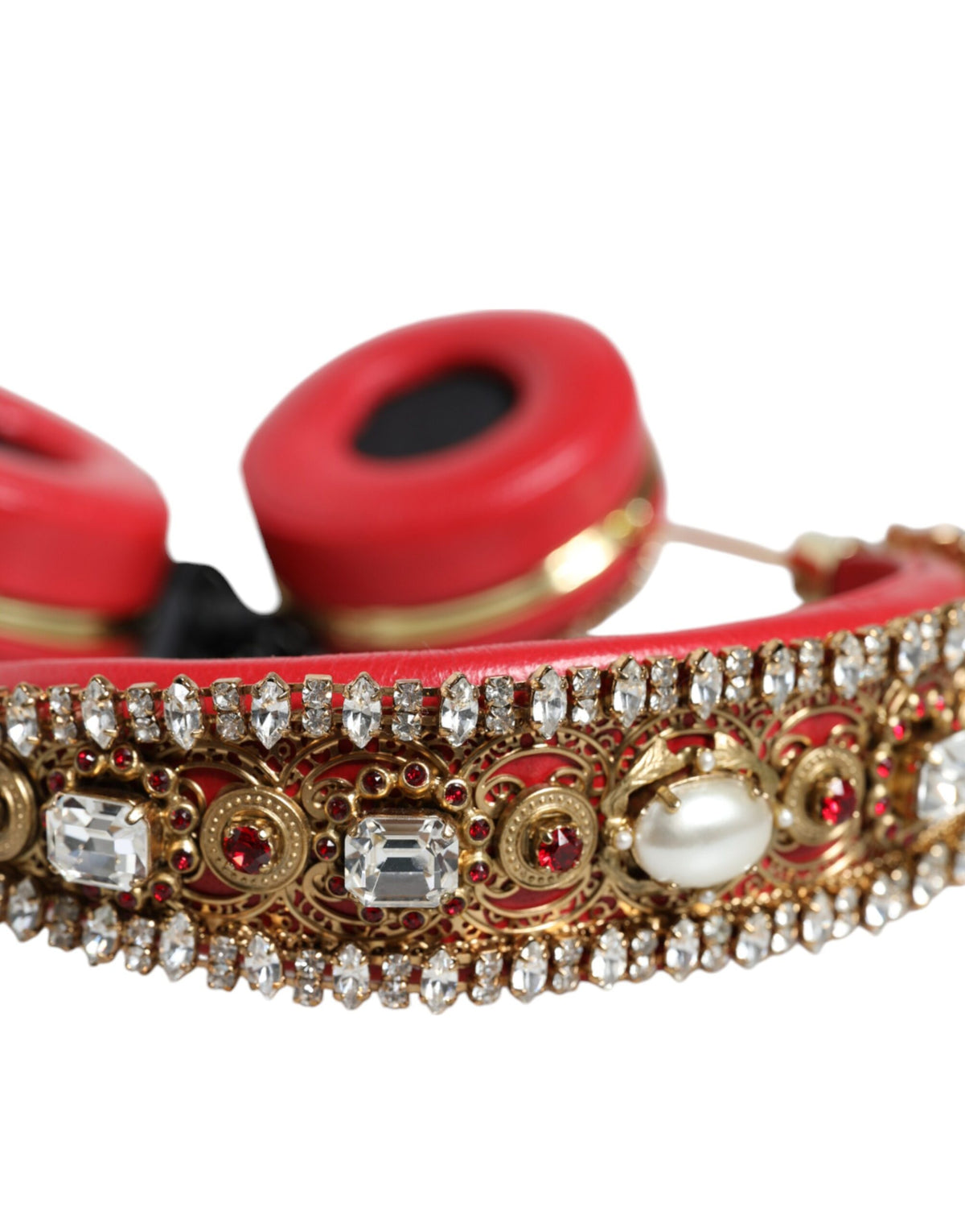 Cuffie Dolce & Gabbana in nappa rossa con cristalli e dettagli floreali