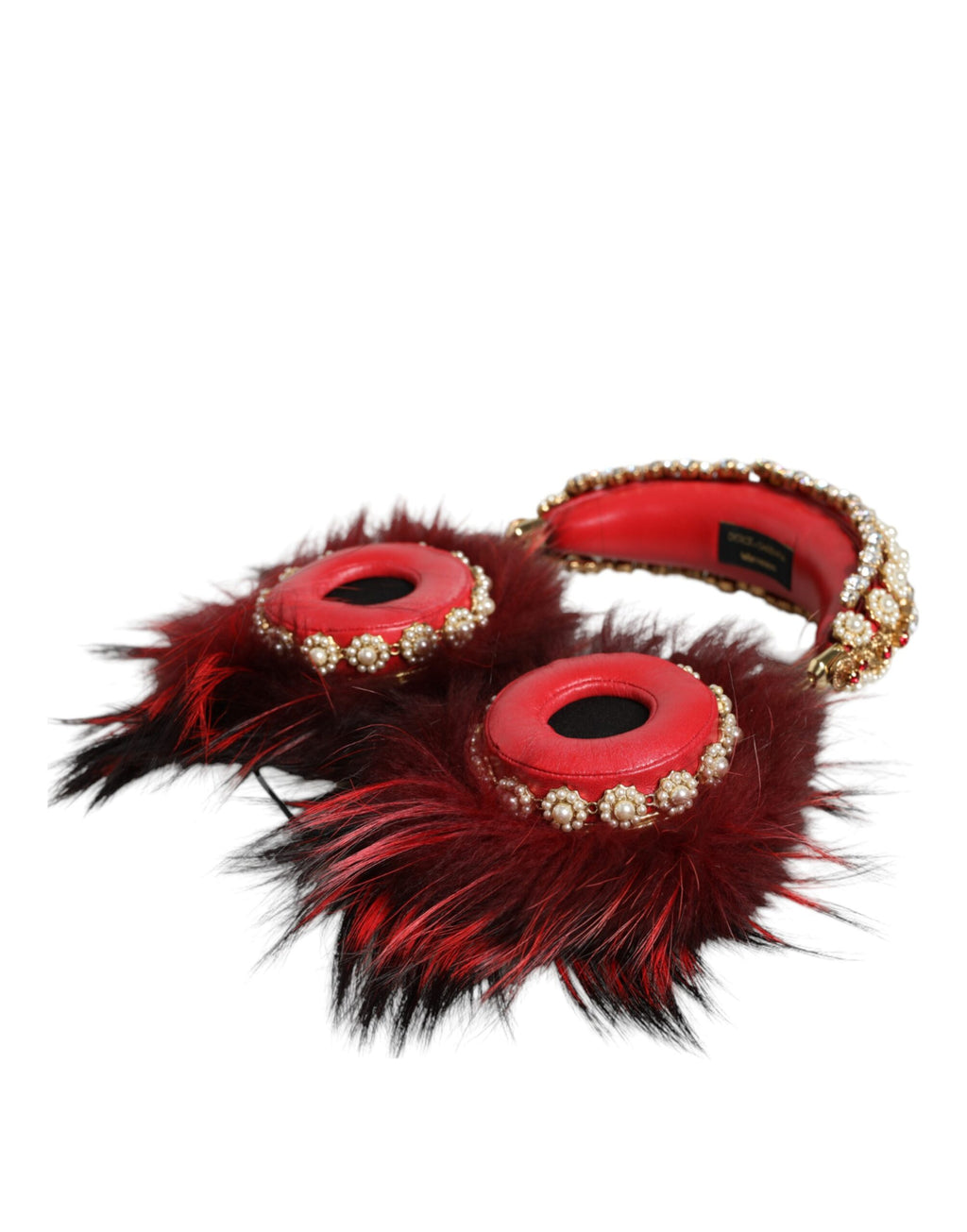 Cuffie Audio AUX Dolce & Gabbana Rosse Dorate in Pelliccia e Cristalli