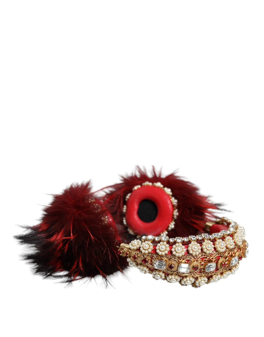 Cuffie Audio AUX Dolce & Gabbana Rosse Dorate in Pelliccia e Cristalli