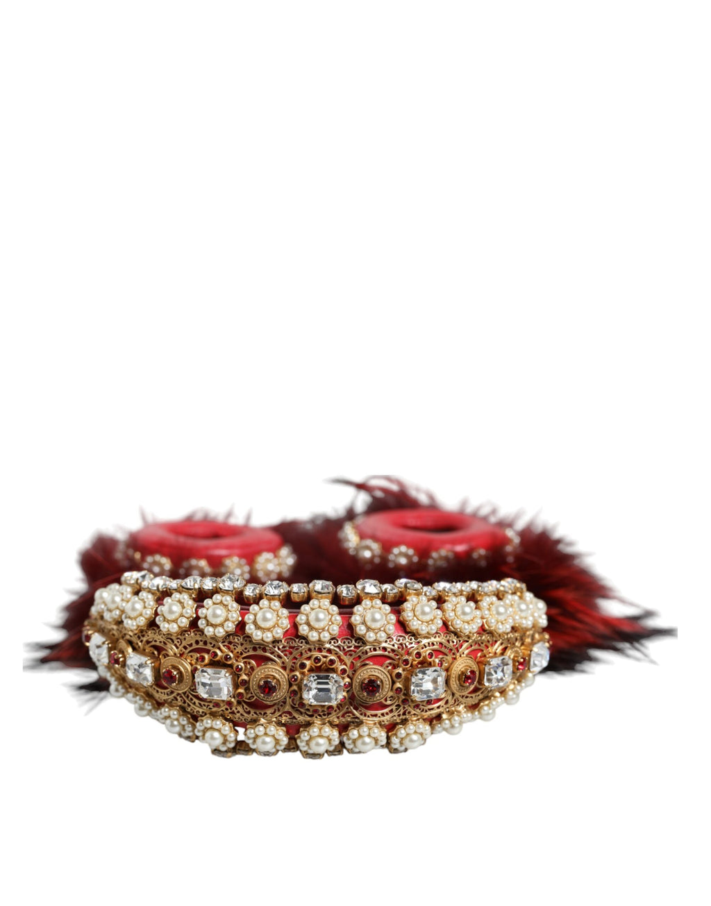 Cuffie Audio AUX Dolce & Gabbana Rosse Dorate in Pelliccia e Cristalli