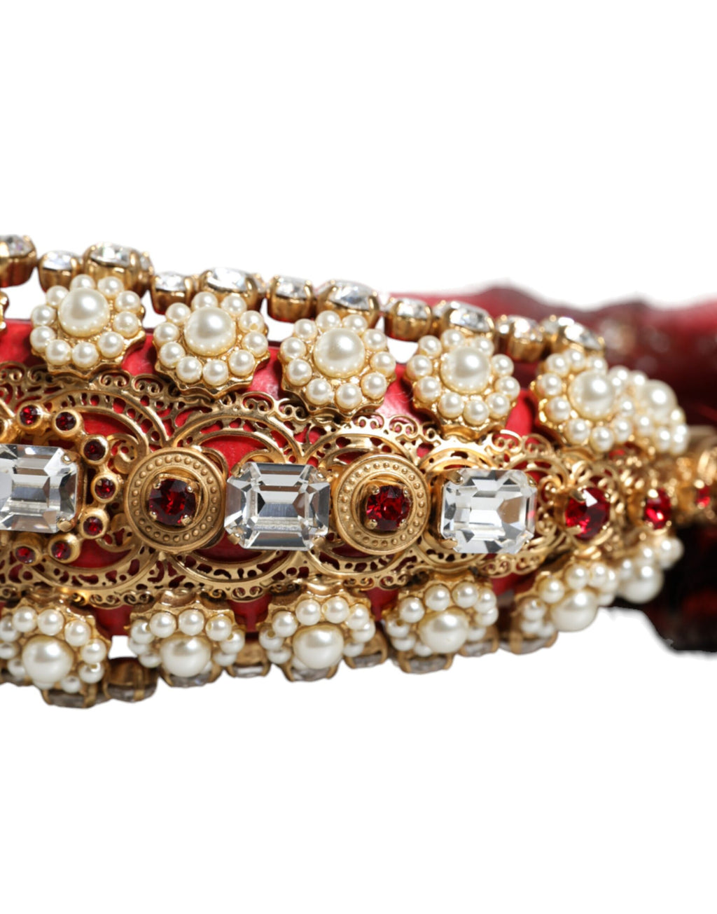 Cuffie Audio AUX Dolce & Gabbana Rosse Dorate in Pelliccia e Cristalli