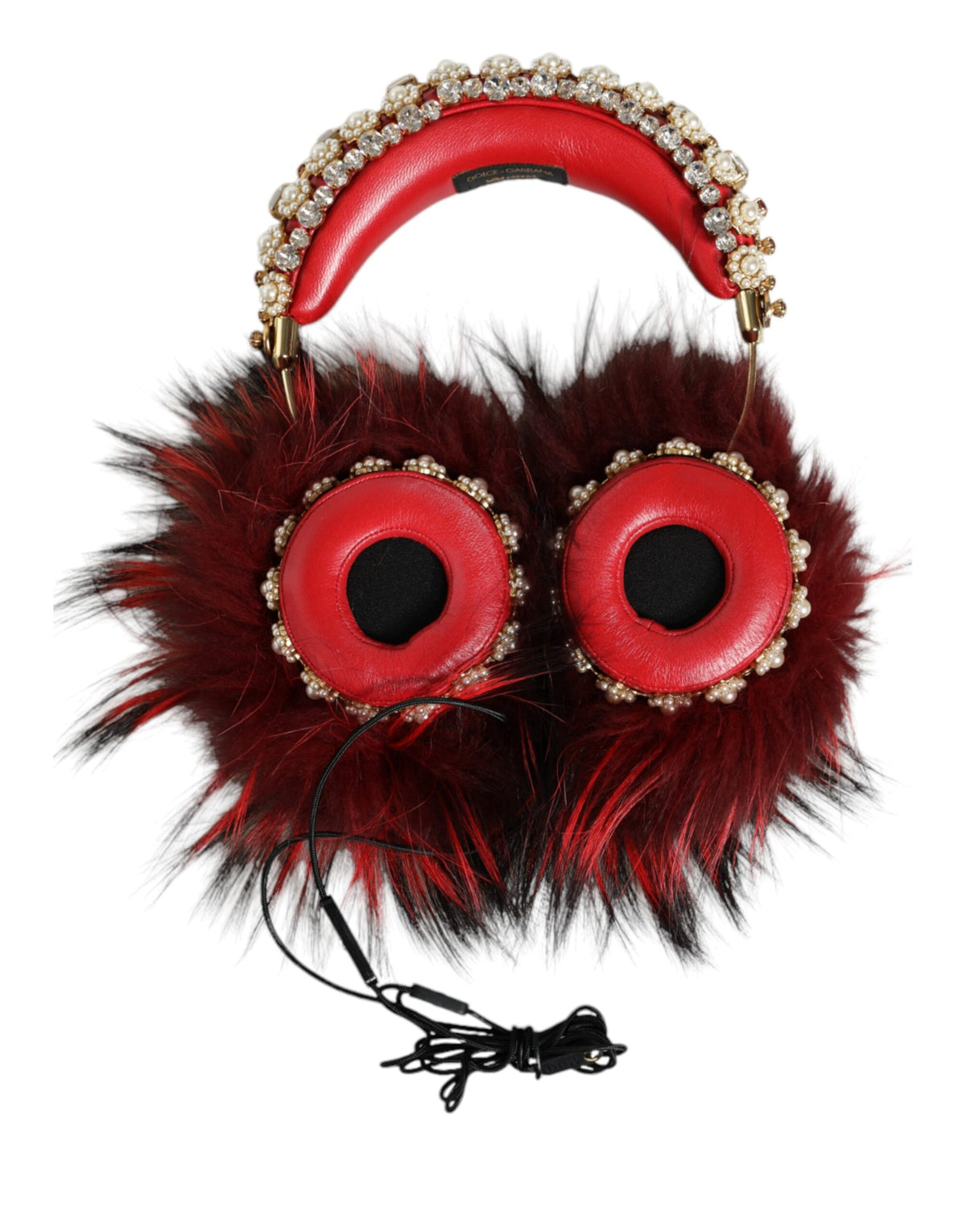 Cuffie Audio AUX Dolce & Gabbana Rosse Dorate in Pelliccia e Cristalli