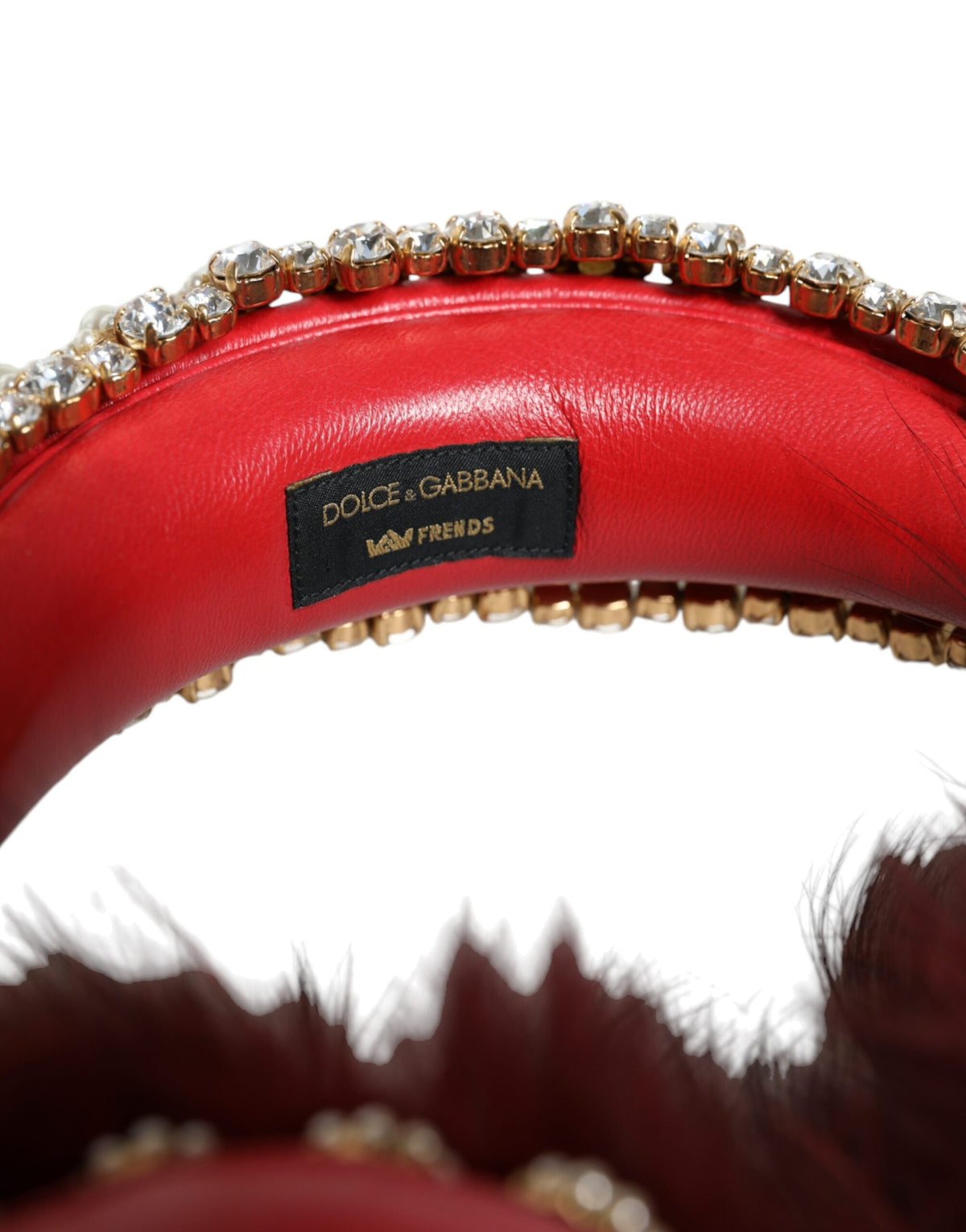 Cuffie Audio AUX Dolce & Gabbana Rosse Dorate in Pelliccia e Cristalli