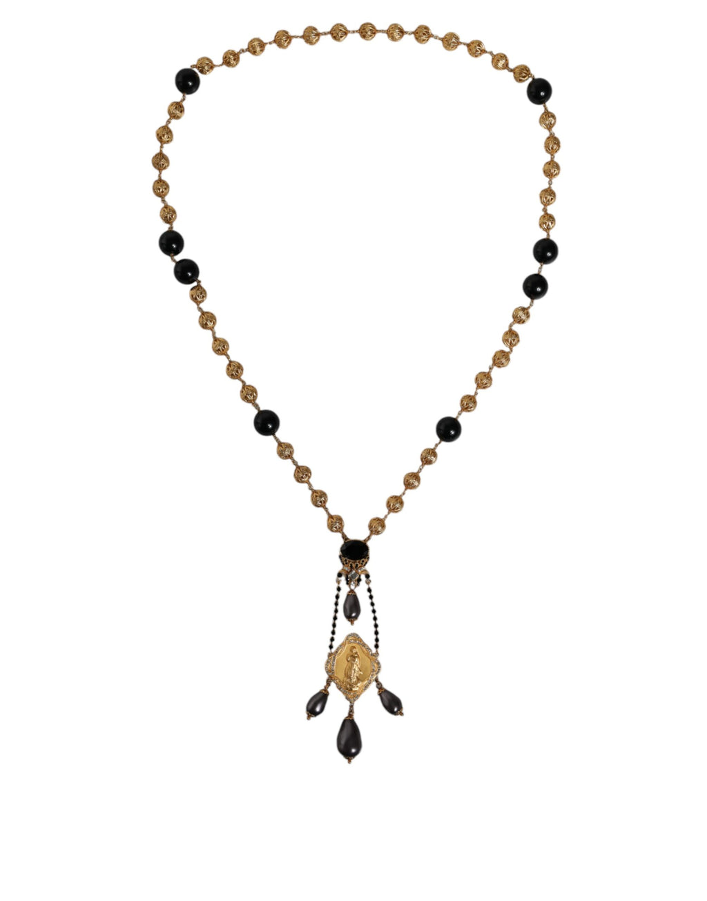 Collana Dolce & Gabbana stile rosario con perline nere e catena in ottone color oro