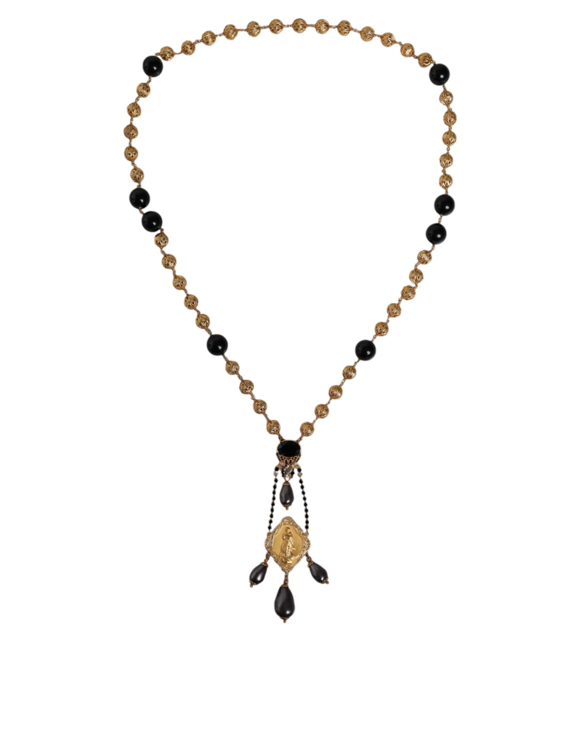 Collana Dolce & Gabbana stile rosario con perline nere e catena in ottone color oro