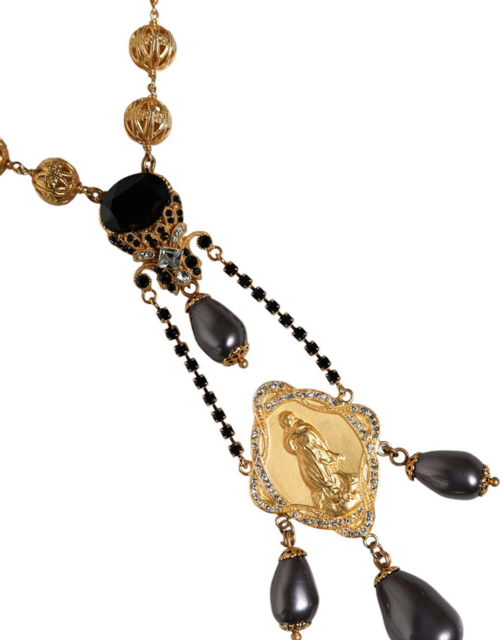 Collana Dolce & Gabbana stile rosario con perline nere e catena in ottone color oro