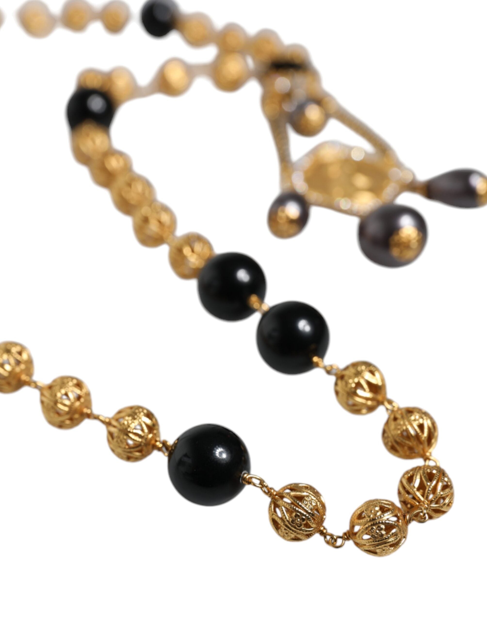 Collana Dolce & Gabbana stile rosario con perline nere e catena in ottone color oro