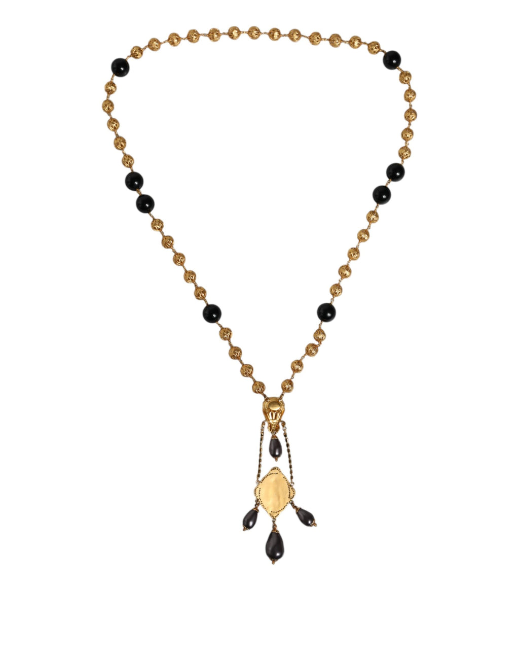 Collana Dolce & Gabbana stile rosario con perline nere e catena in ottone color oro
