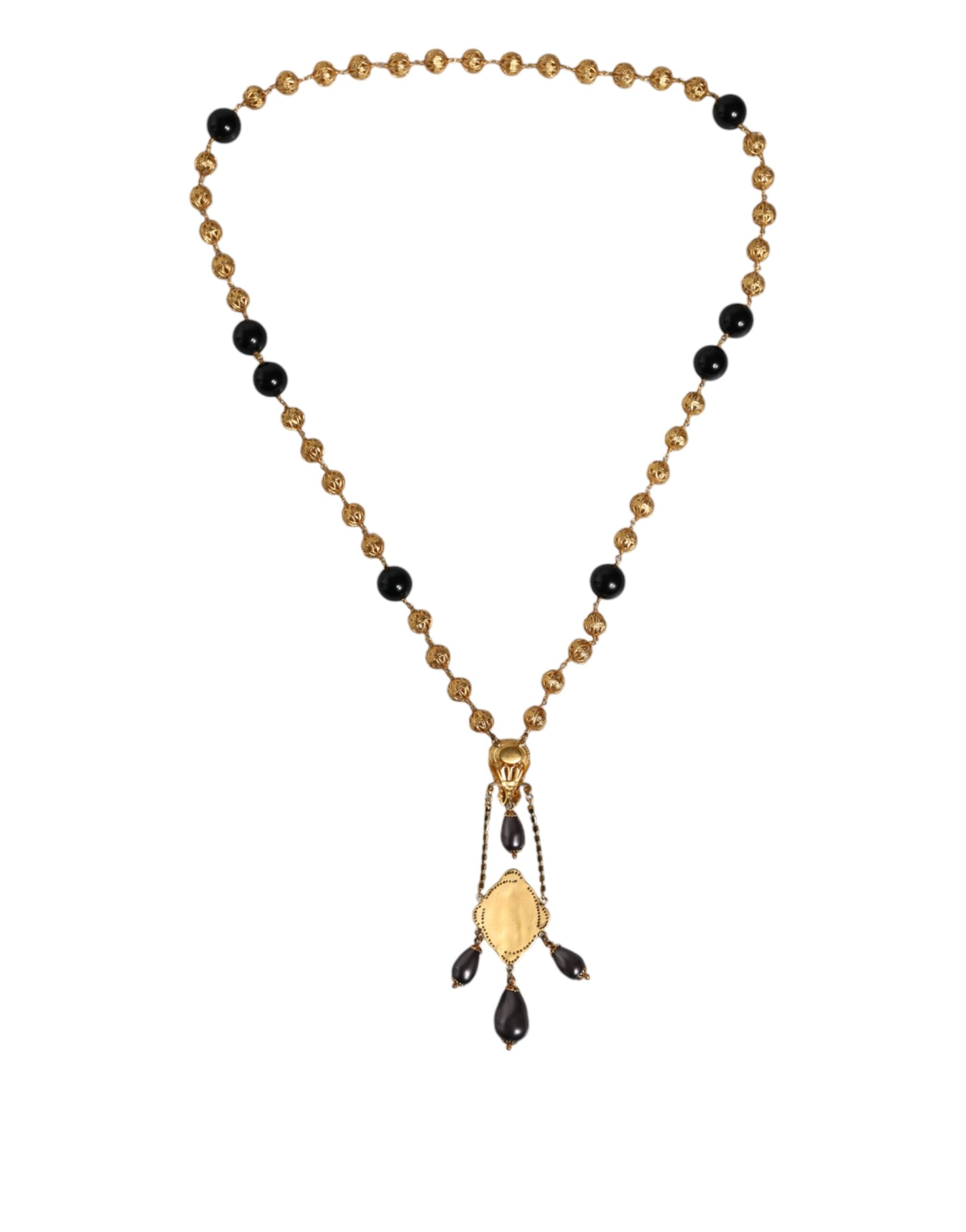 Collana Dolce & Gabbana stile rosario con perline nere e catena in ottone color oro