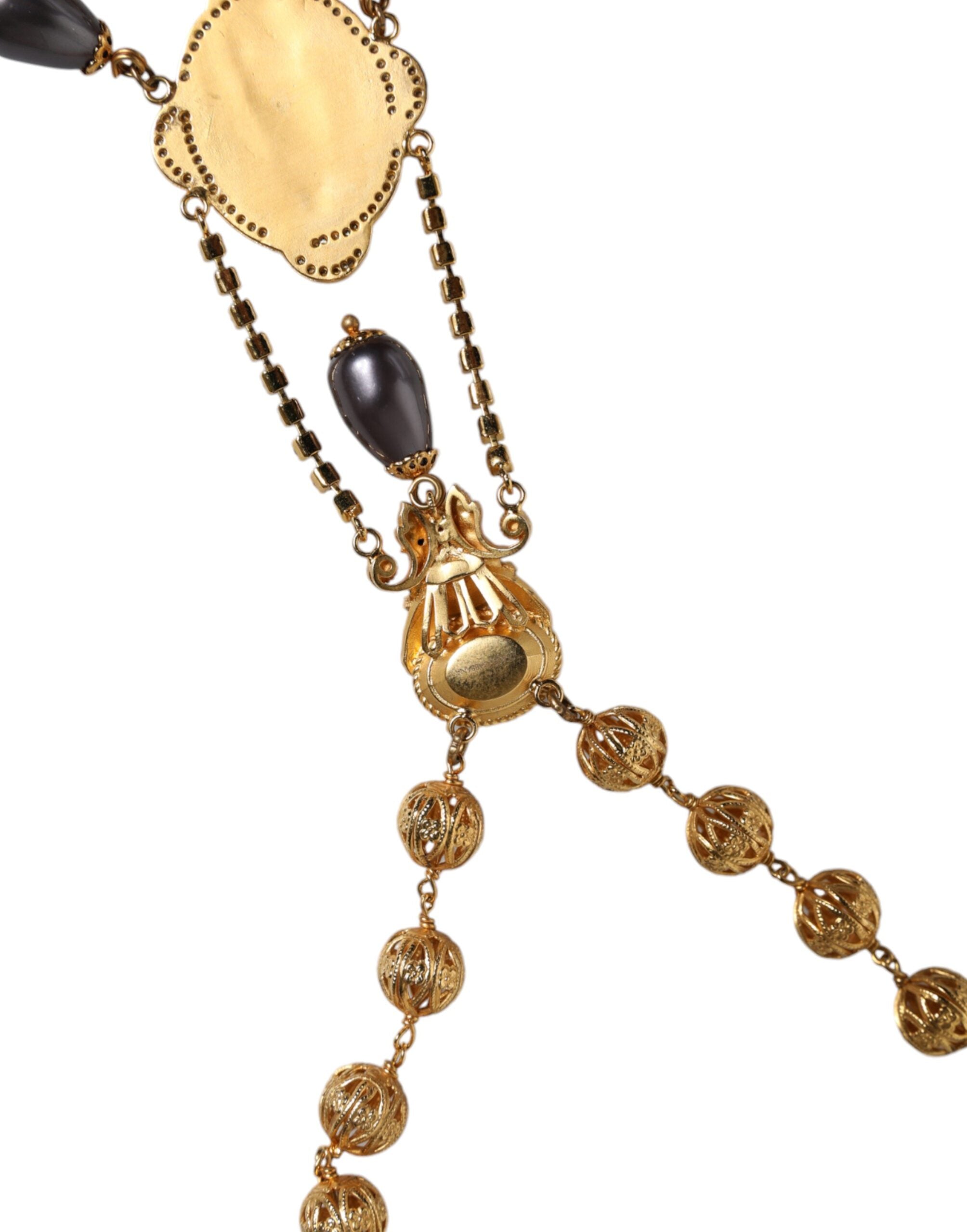 Collana Dolce & Gabbana stile rosario con perline nere e catena in ottone color oro