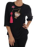 Dolce & Gabbana Blusa Nera di Seta Cristallo Fiaba
