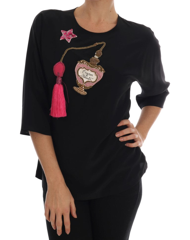 Dolce & Gabbana Blusa Nera di Seta Cristallo Fiaba
