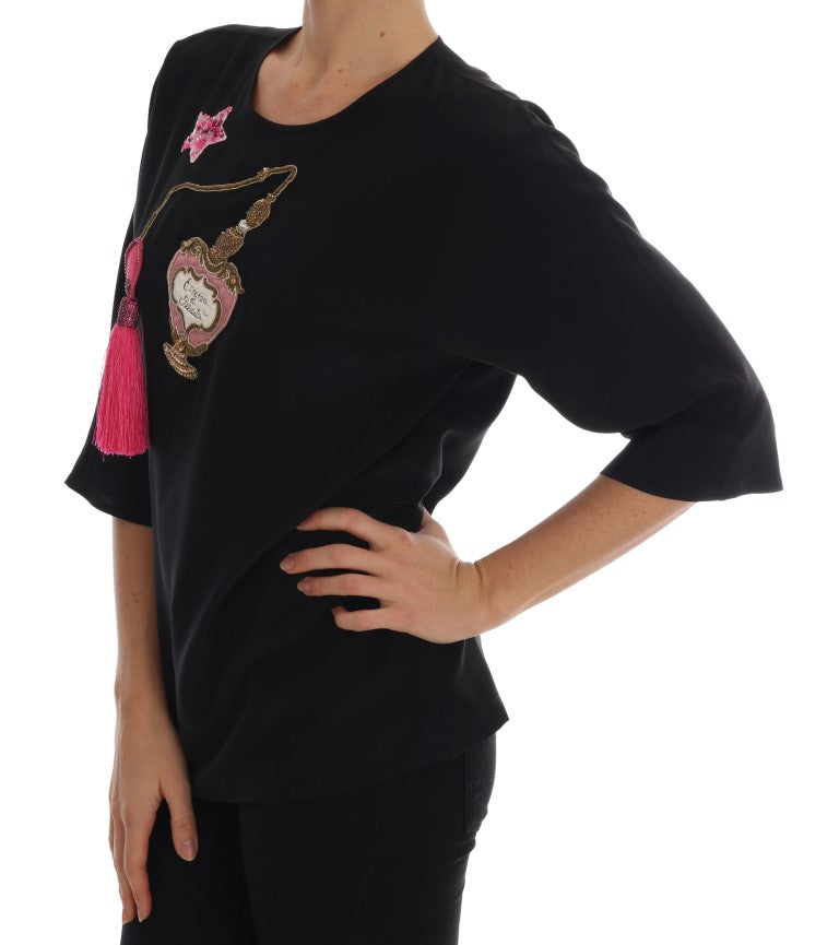 Dolce & Gabbana Blusa Nera di Seta Cristallo Fiaba