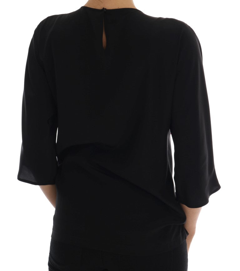 Dolce & Gabbana Blusa Nera di Seta Cristallo Fiaba