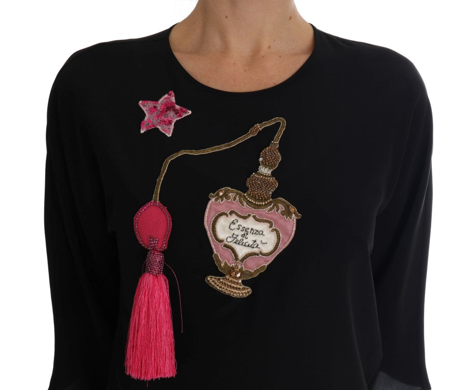 Dolce & Gabbana Blusa Nera di Seta Cristallo Fiaba