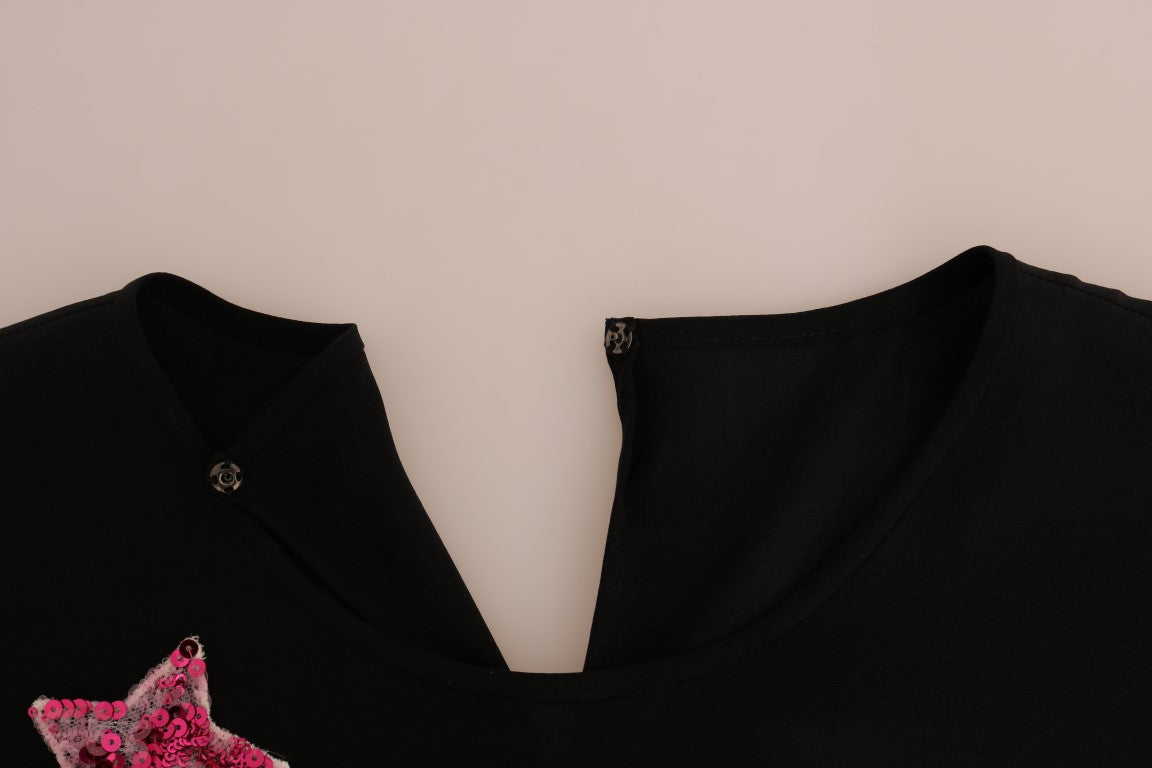 Dolce & Gabbana Blusa Nera di Seta Cristallo Fiaba