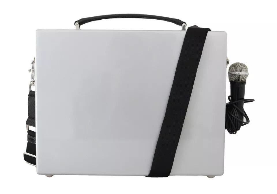 Borsa Dolce & Gabbana in legno fatta a mano in edizione limitata, modello radio retrò boombox, colore argento