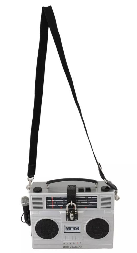 Borsa Dolce & Gabbana in legno fatta a mano in edizione limitata, modello radio retrò boombox, colore argento