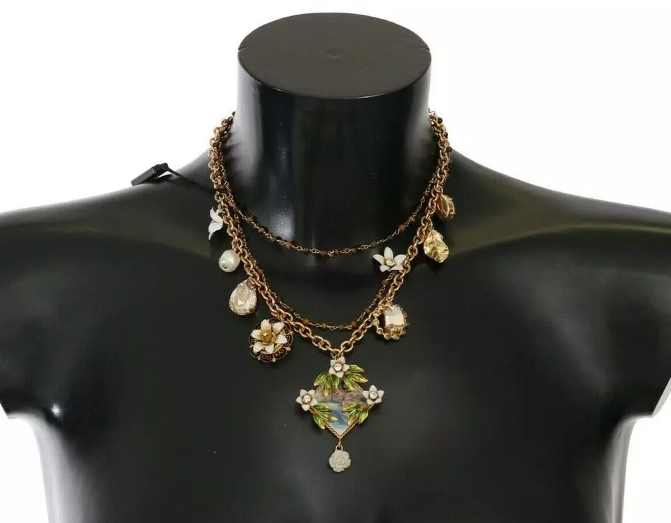 Collana Dolce & Gabbana con ciondoli a dichiarazione floreali in ottone dorato e cristallo
